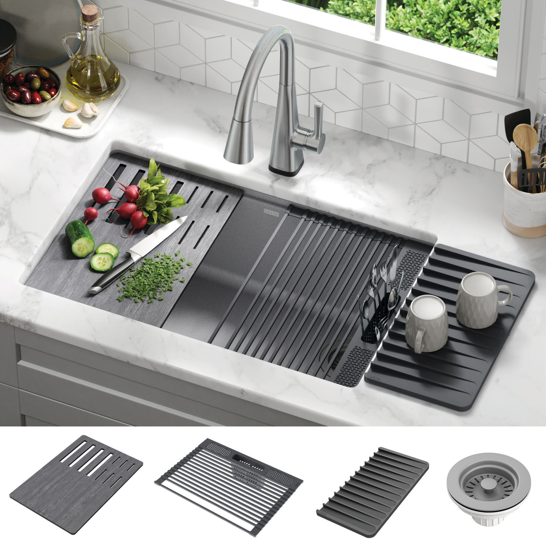 30” Granite Composite Workstation Kitchen Sink Undermount Single Bowl with  WorkFlow™ Ledge and Accessories in Dark Grey in Dark Grey 75B933-30S-DG