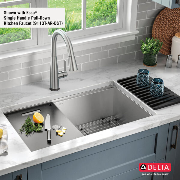 DELTA FAUCET Rivet 17-inch Workstation Bar Prep Kitchen Sink Undermount 16 Gauge Stainless Steel Single Bowl with WorkFlow Ledge and Kit of 並行輸入品 - 3