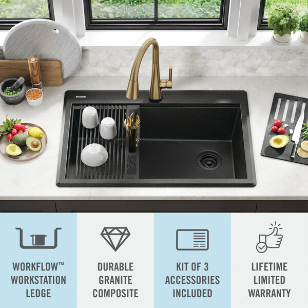 33” Granite Composite Workstation Kitchen Sink Mount Single with WorkFlow™ Ledge and Accessories in Metallic 75A933-33S-BL | Delta Faucet