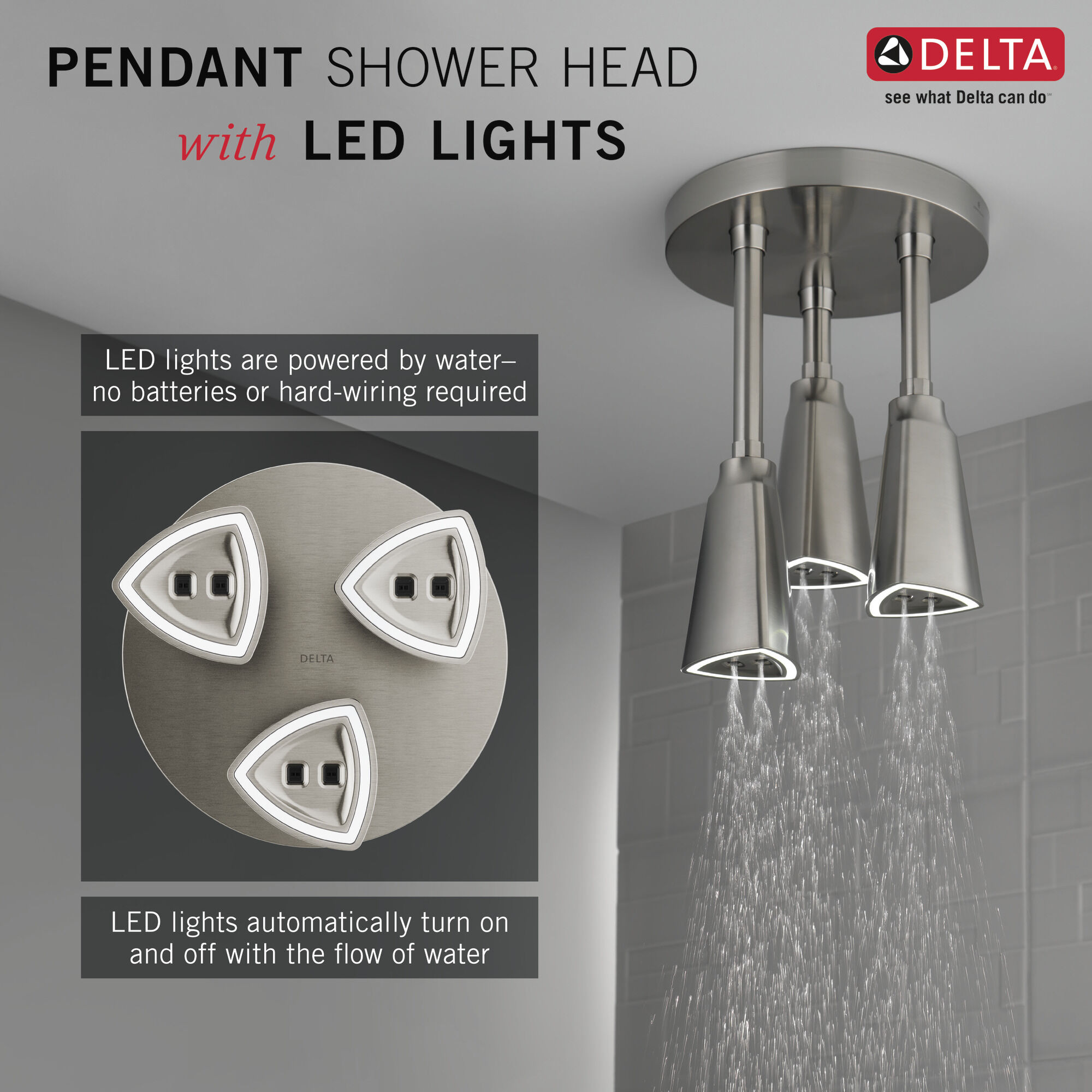 H2Okinetic® Pendant Raincan Shower Head with LED Light in Stainless