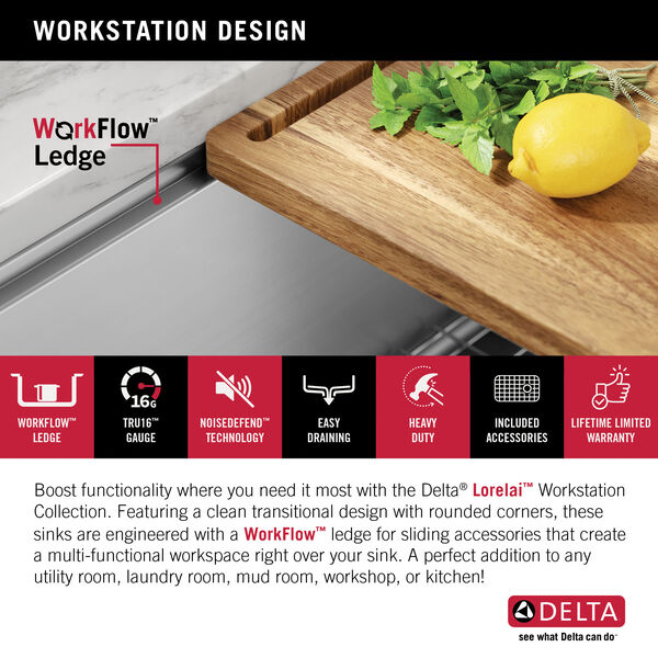 24” Workstation Undermount Single Bowl 16 Gauge Stainless Steel Laundry  Utility Kitchen Sink with WorkFlow™ Ledge and Accessories in Stainless  Steel 95B9132-24SL-SS Delta Faucet