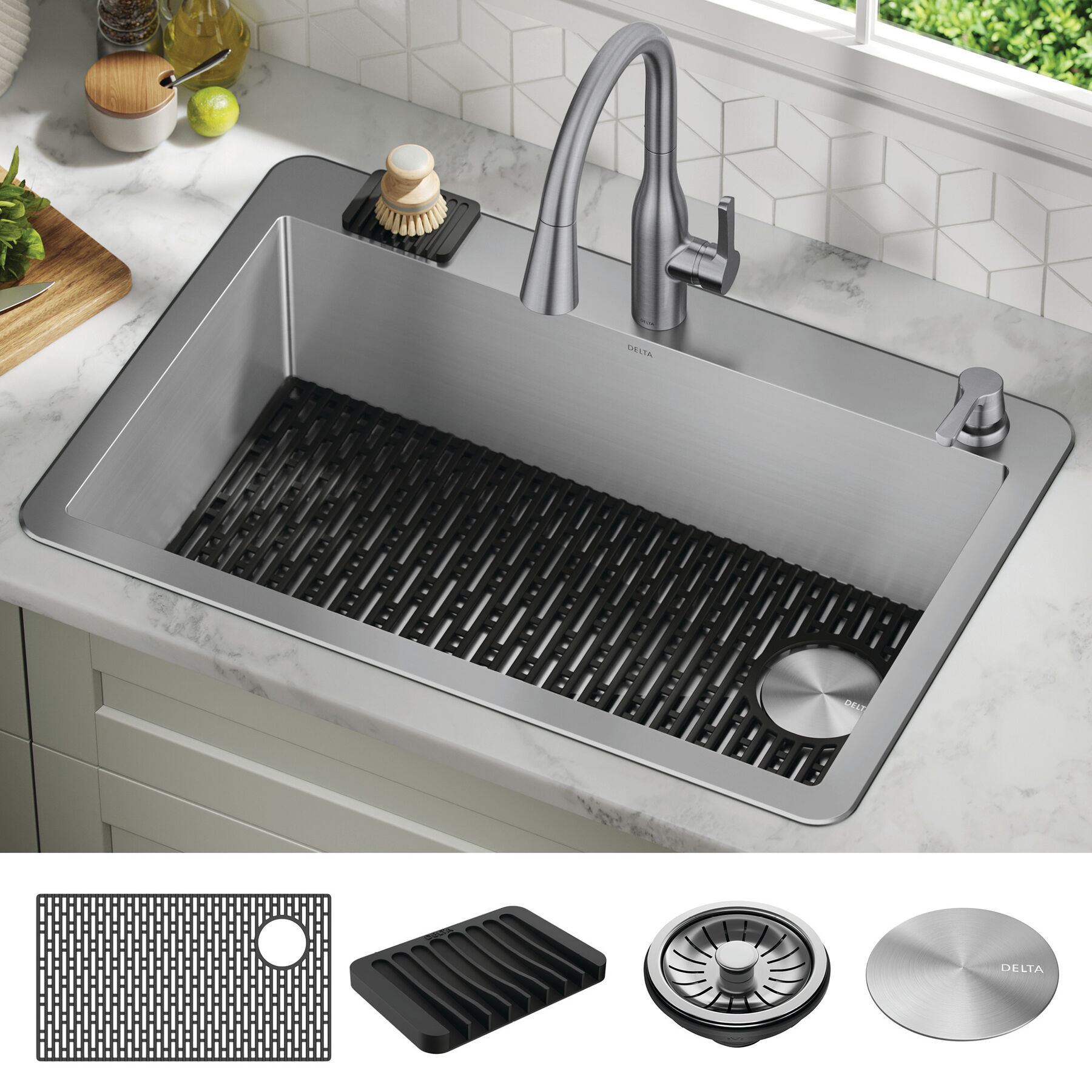33” Drop-In Undermount Stainless Steel Single Bowl Kitchen Sink with  Accessories in Stainless Steel 952138-T33S-SS