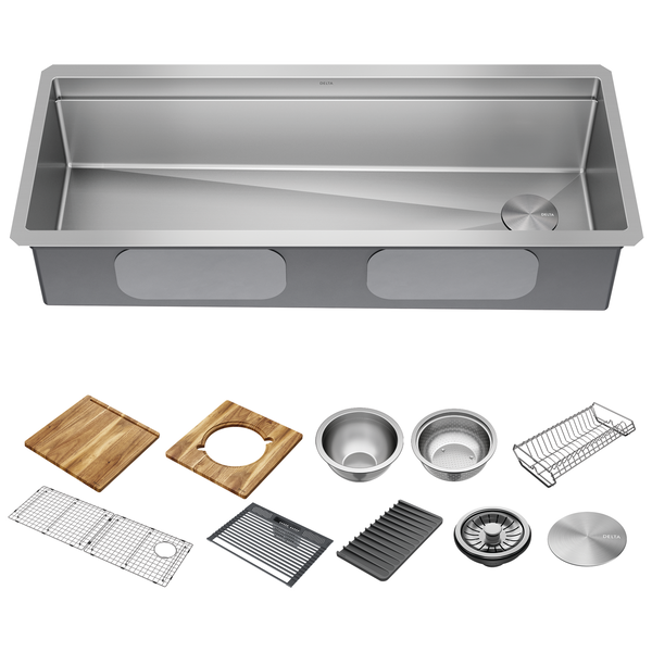 45” Workstation Undermount Single Bowl 16 Gauge Stainless Steel Kitchen Sink  with 2-Tier WorkFlow™ Ledge and Accessories in Stainless Steel 95BA132-45S- SS Delta Faucet