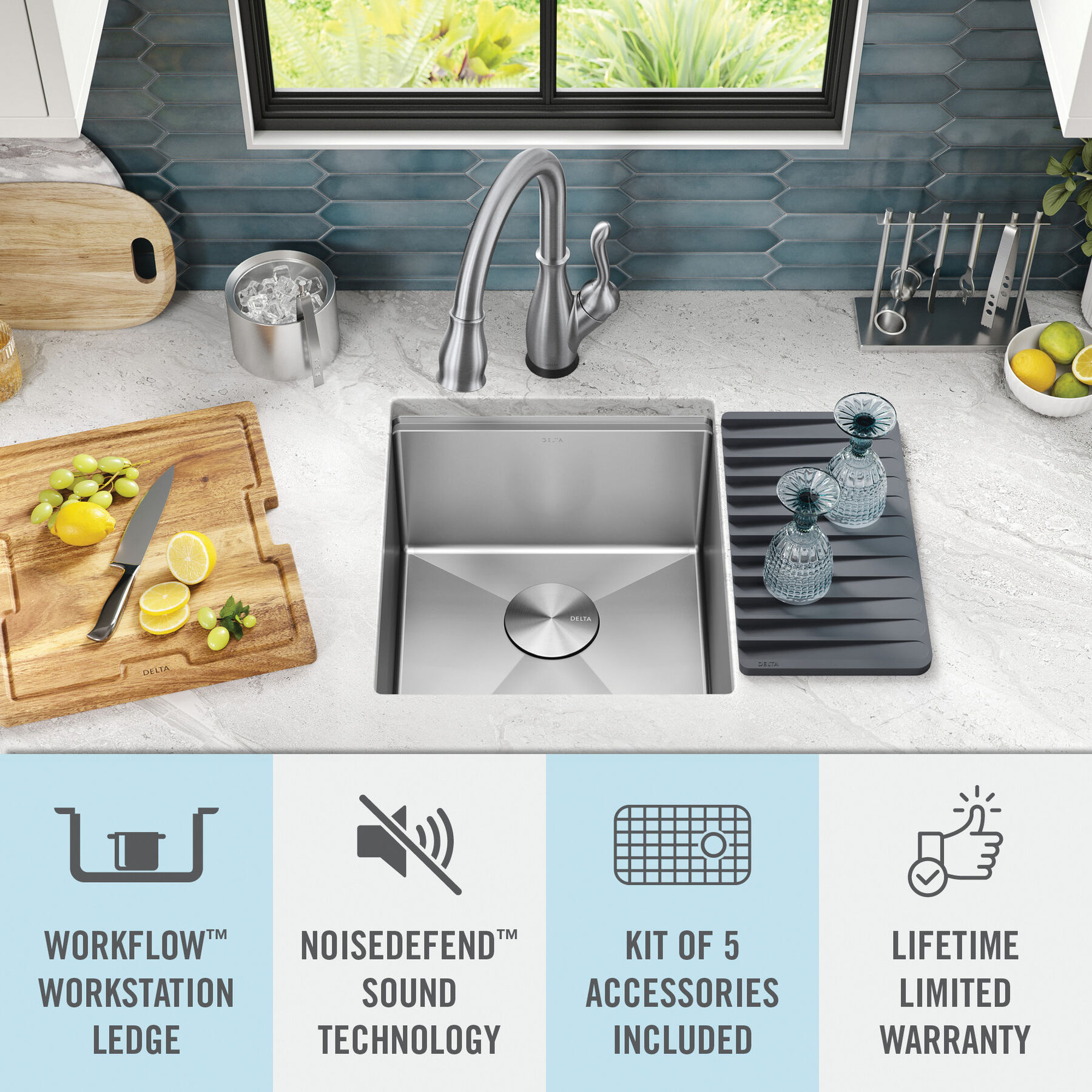 Delta - Rivet 32in Workstation Kitchen Sink Undermount 16 Gauge Stainless Steel Single Bowl with Workflow Ledge and Accessories