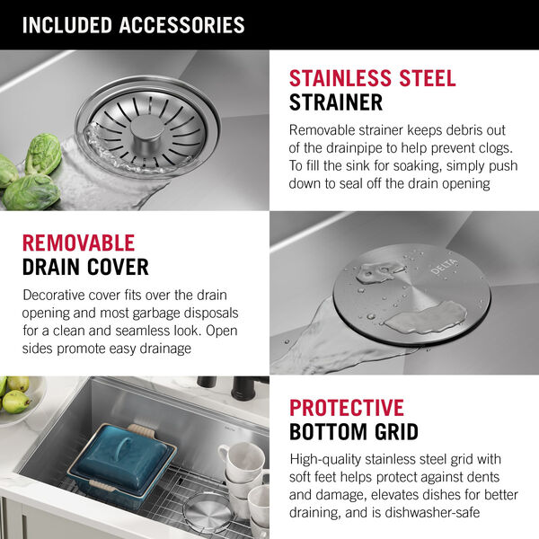 30” Workstation Kitchen Sink Undermount 16 Gauge Stainless Steel Single Bowl  with WorkFlow™ Ledge and Accessories in Stainless Steel 95B931-30S-SS  Delta Faucet