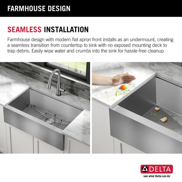 33” Workstation Undermount Single Bowl 16 Gauge Stainless Steel Farmhouse  Apron Front Kitchen Sink with WorkFlow™ Ledge and Accessories in Stainless  Steel 95C9031-33S-SS Delta Faucet