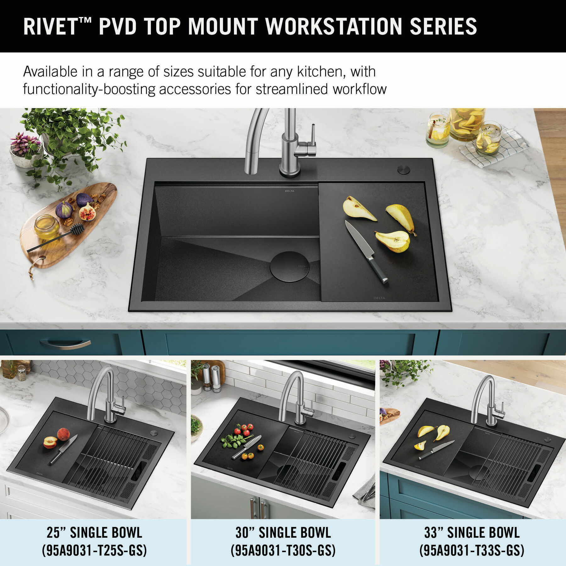 Delta - Rivet 32in Workstation Kitchen Sink Undermount 16 Gauge Stainless Steel Single Bowl with Workflow Ledge and Accessories