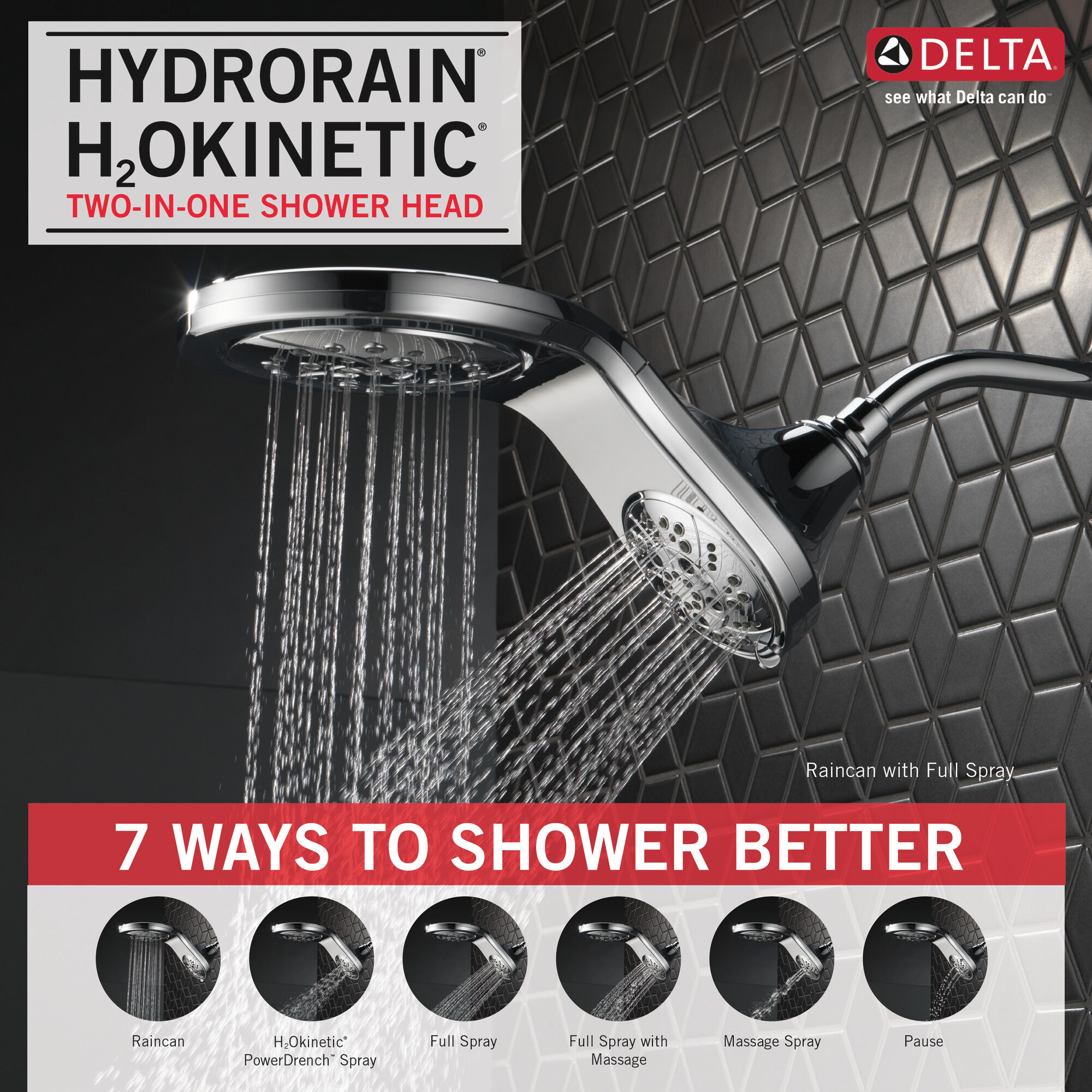 HydroRain® H2Okinetic® In2ition® 5-Setting Two-in-One Shower
