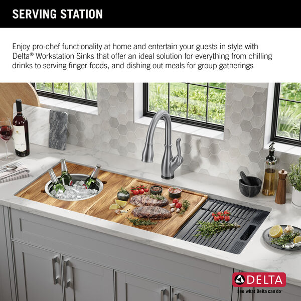 45” Workstation Undermount Single Bowl 16 Gauge Stainless Steel Kitchen Sink  with 2-Tier WorkFlow™ Ledge and Accessories in Stainless Steel 95BA132-45S- SS Delta Faucet