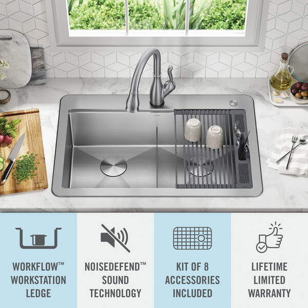 33” Workstation Drop-In Top Mount Double Bowl 16 Gauge Stainless Steel  Kitchen Sink with WorkFlow™ Ledge and Accessories in Stainless Steel  95A9032-T33D-SS Delta Faucet