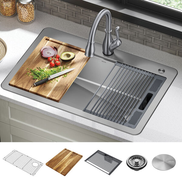 33” Workstation Kitchen Sink Drop-In Top Mount Stainless Steel Single Bowl  with WorkFlow™ Ledge and Accessories in Stainless Steel 95A932-33S-SS  Delta Faucet