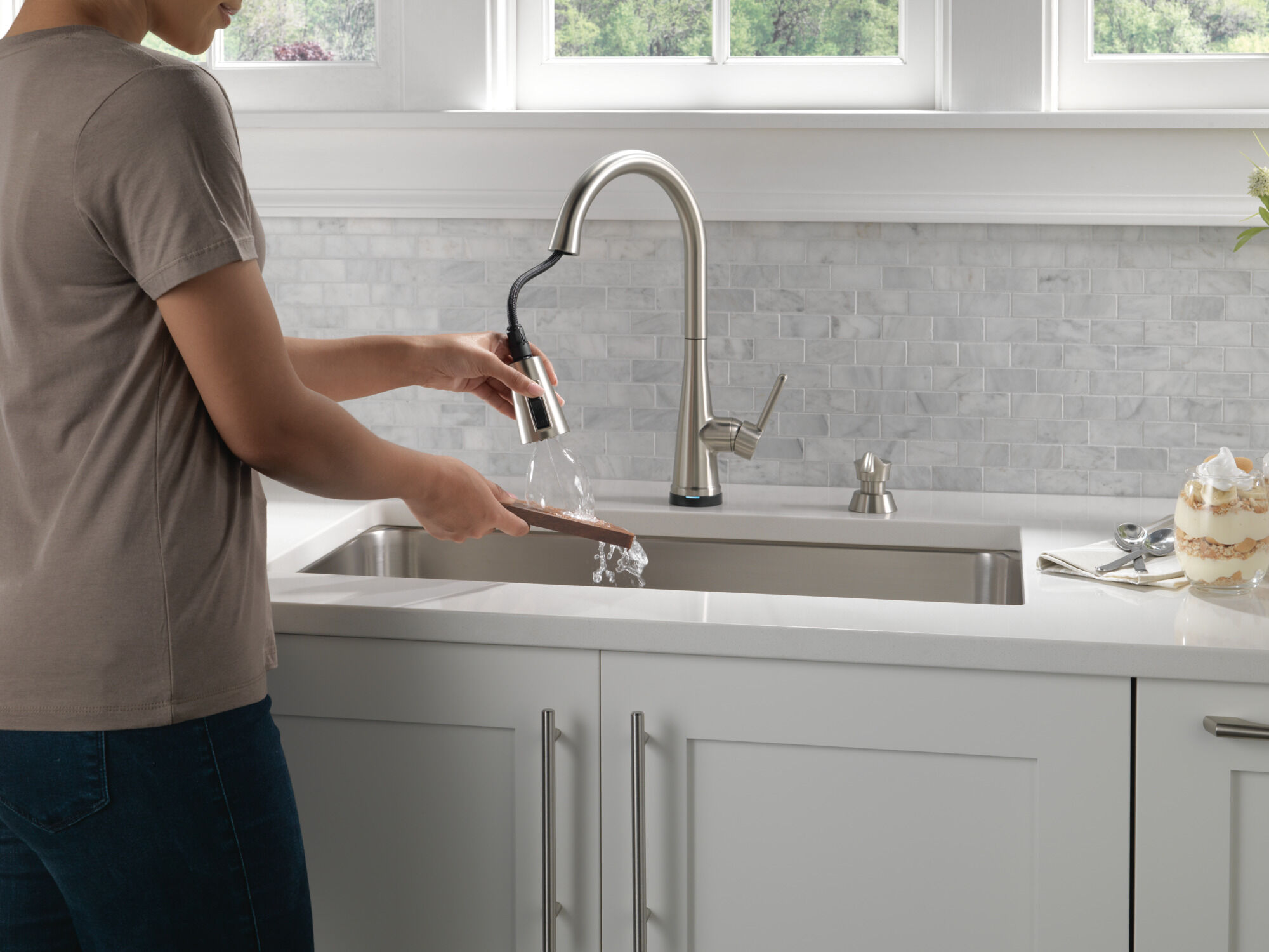Single Handle Pull-Down Kitchen Faucet with Soap Dispenser and Touch2O®  Technology in Spotshield Stainless