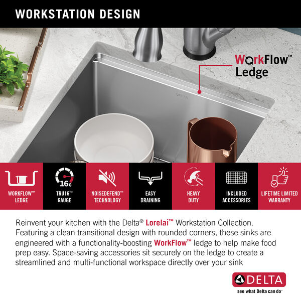 17” Workstation Undermount Single Bowl 16 Gauge Stainless Steel Bar Prep  Kitchen Sink with WorkFlow™ Ledge and Accessories in Stainless Steel 95B9032 -17S-SS Delta Faucet