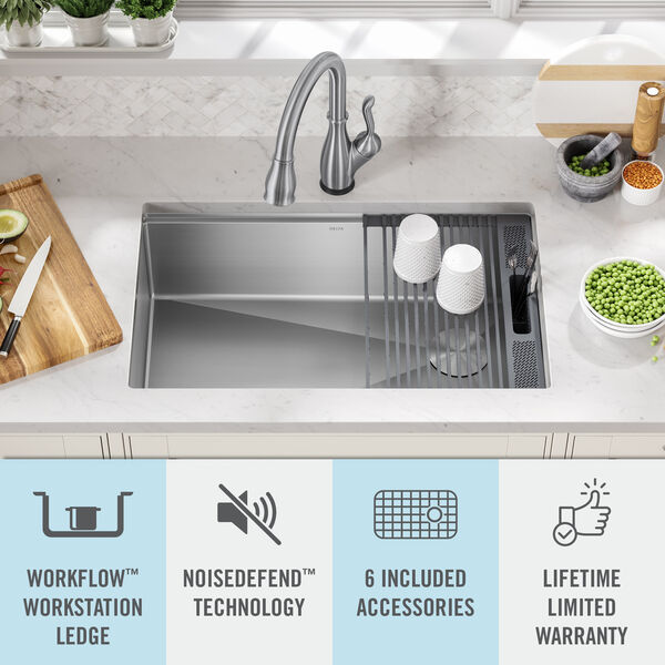 30” Workstation Kitchen Sink Undermount Stainless Steel Single Bowl with  WorkFlow™ Ledge and Accessories in Stainless Steel 95B932-30S-SS Delta  Faucet