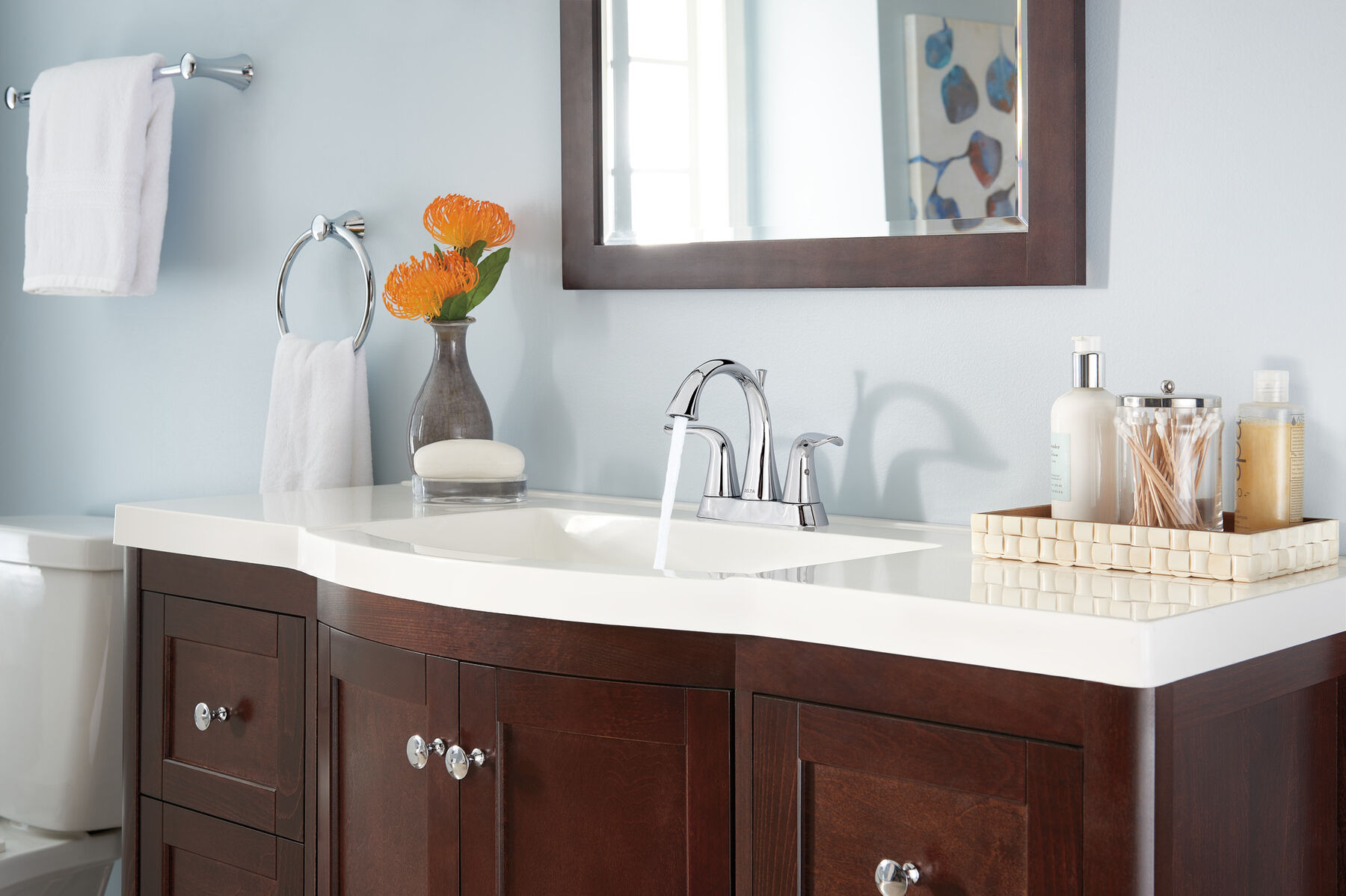 Unique U-shape fits around plumbing. With two trays, this sink