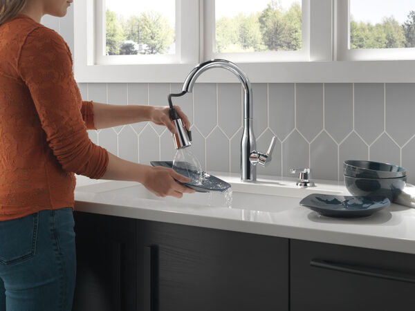 Single Handle Pull-Down Kitchen Faucet with Soap Dispenser and ShieldSpray  ® Technology in Chrome 19780Z-SD-DST Delta Faucet