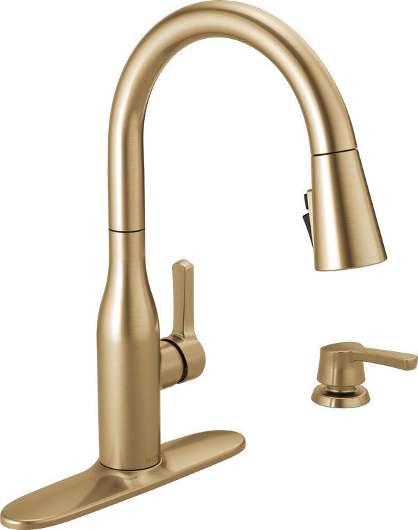 Single Handle Pull-Down Kitchen Faucet with Soap Dispenser and ShieldSpray®  Technology in Champagne Bronze 19780Z-CZSD-DST Delta Faucet