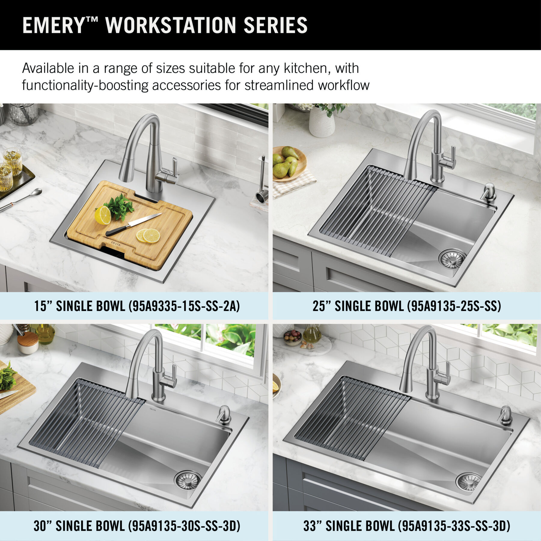 25” Stainless Steel Workstation Kitchen Sink Drop-In Undermount Single Bowl  with WorkFlow™ Ledge and Accessories in Stainless Steel 95A9135-25S-SS-3D