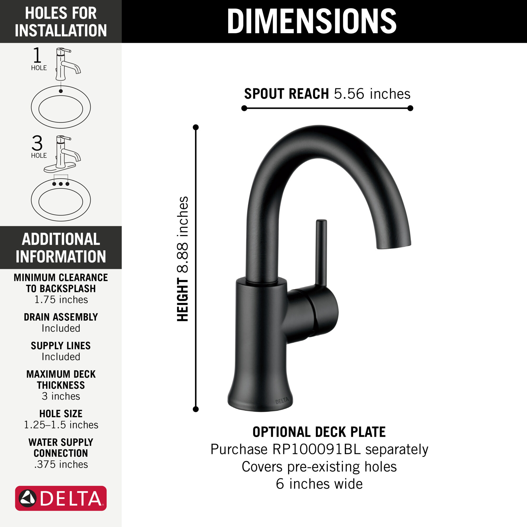 Single Handle Bathroom Faucet in Matte Black 559HA-BL-DST | Delta