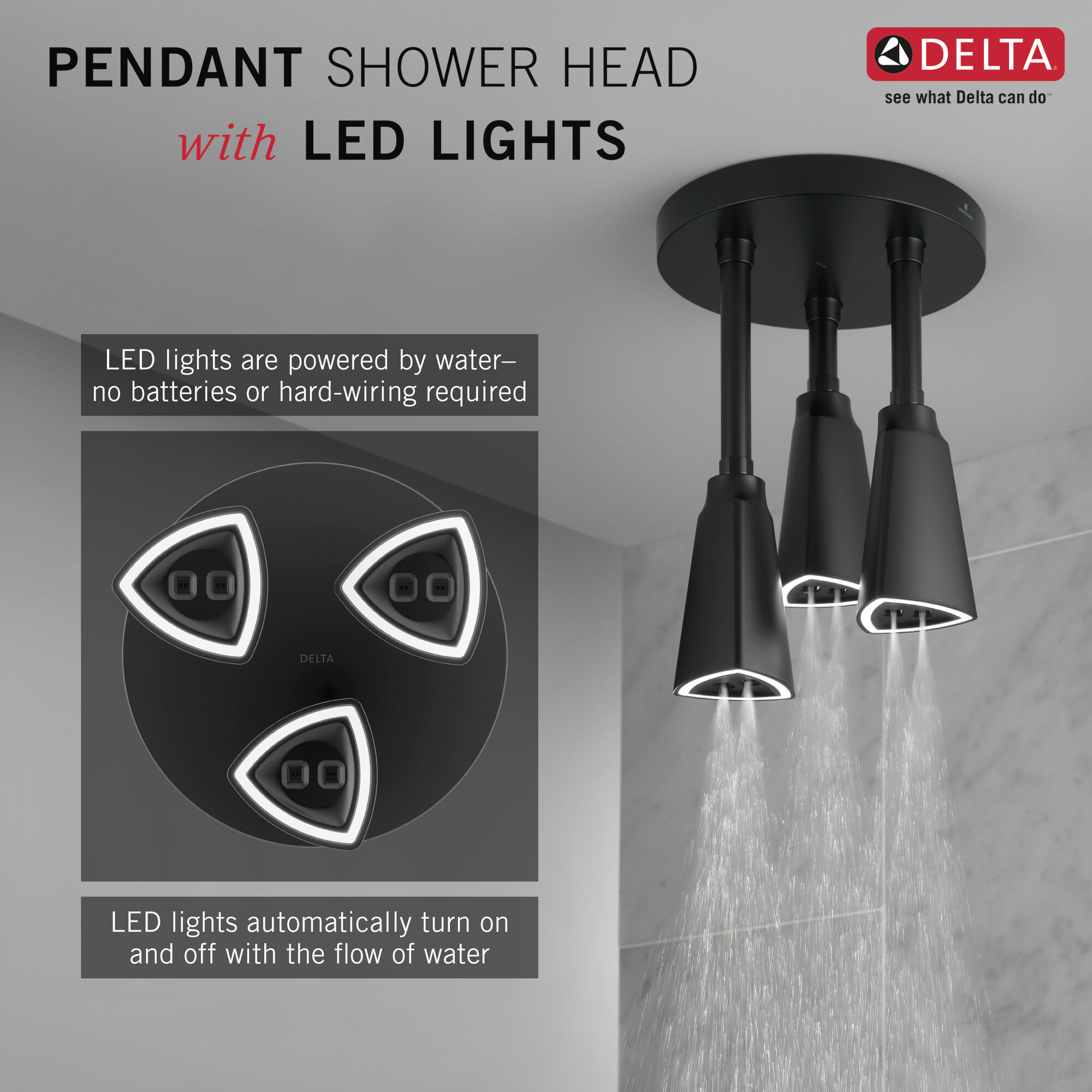 H2Okinetic® Pendant Raincan Shower Head with LED Light in Matte
