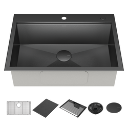 33” Drop-In Undermount Stainless Steel Single Bowl Kitchen Sink with  Accessories in Stainless Steel 952138-T33S-SS