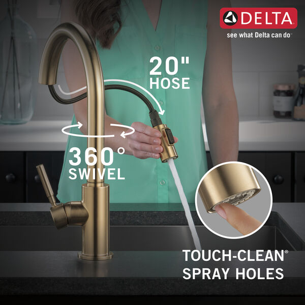Single Handle Pull-Down Kitchen Faucet with Soap Dispenser (Recertified) in Champagne  Bronze 19933-CZSD-DST-R Delta Faucet