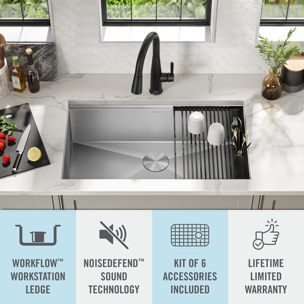 32” Workstation Kitchen Sink Undermount 16 Gauge Stainless Steel Single Bowl  with WorkFlow™ Ledge and Accessories in Stainless Steel 95B931-32S-SS  Delta Faucet
