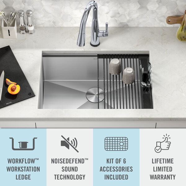 27” Workstation Kitchen Sink Undermount 16 Gauge Stainless Steel Single Bowl  with WorkFlow™ Ledge and Accessories in Stainless Steel 95B931-27S-SS  Delta Faucet