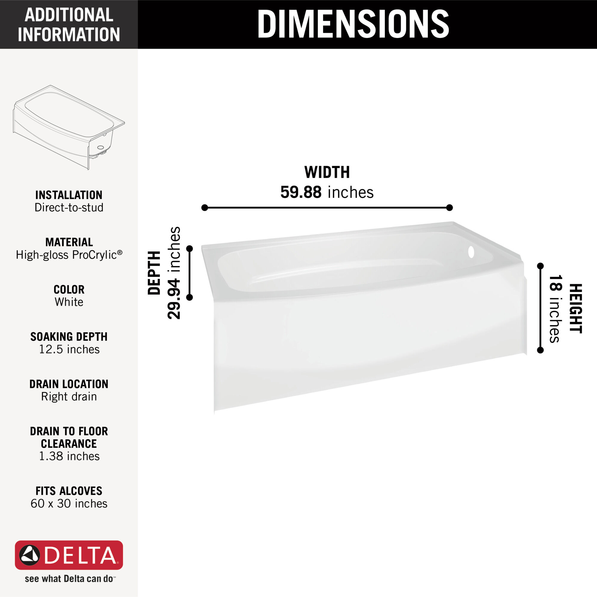 60~ x 30~ Curved Bathtub - Right Drain in High Gloss White 40114R 