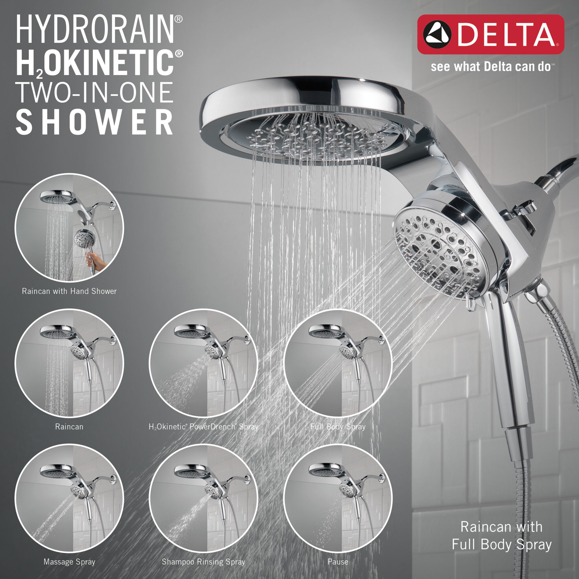 HydroRain® H2Okinetic® 5-Setting Two-in-One Shower Head in 