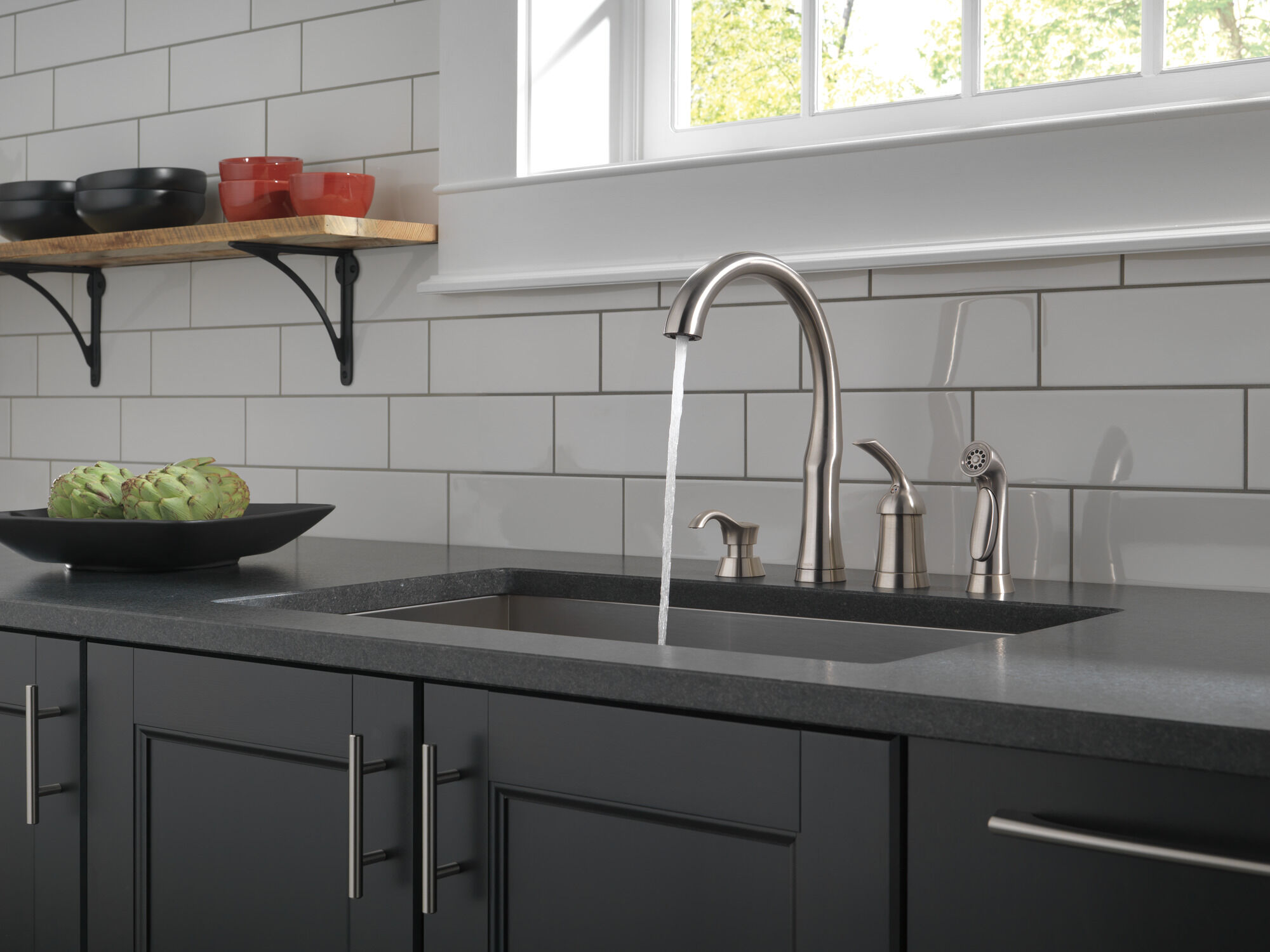 Single Handle Kitchen Faucet with Spray & Soap Dispenser in Stainless